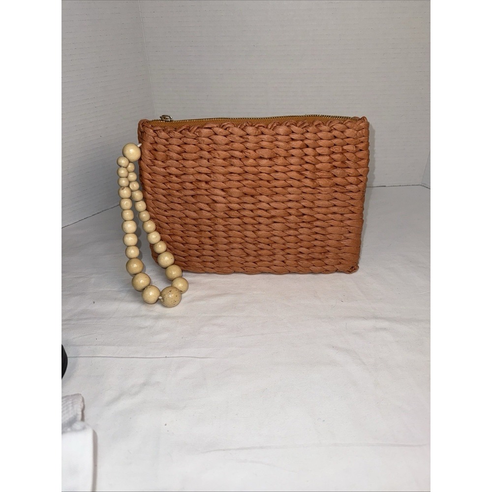 A New Day 100% Recycled Woven Paper Purse with Wood Beaded Handle, Rust 10"X 8".